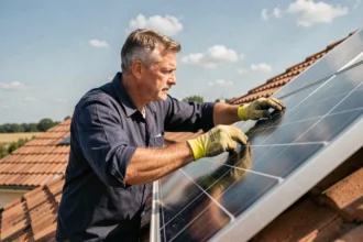 Homme installant des panneaux solaires monocristallins sur un toit de maison individuelle