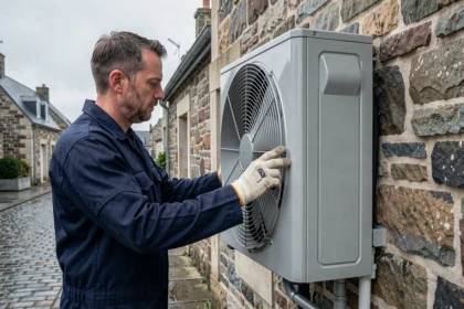 Technicien installant une pompe à chaleur air-air sur une maison en pierre à Brest