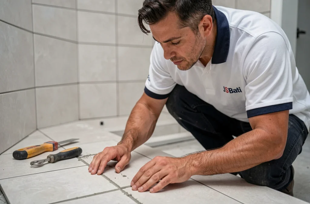Artisan JS Bati inspectant un sol carrelé dans une salle de bain en cours de rénovation dans le Bas-Rhin