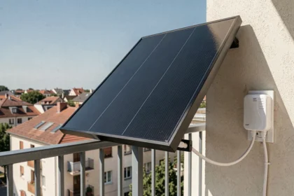 Kit panneau solaire plug-and-play branché sur prise 220V installé sur un balcon urbain ensoleillé