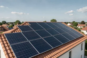 Kit solaire autoconsommation 9000 W triphasé installé sur le toit d'une maison individuelle avec rangées de panneaux monocristallins