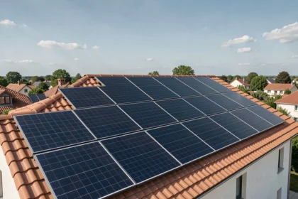 Kit solaire autoconsommation 9000 W triphasé installé sur le toit d'une maison individuelle avec rangées de panneaux monocristallins
