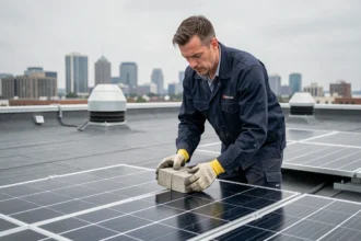 Technicien posant des lests en béton sur un système de montage de panneaux solaires sur toiture plate sans perçage