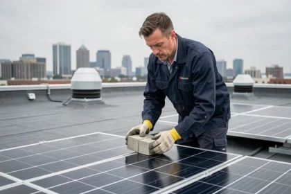 Technicien posant des lests en béton sur un système de montage de panneaux solaires sur toiture plate sans perçage