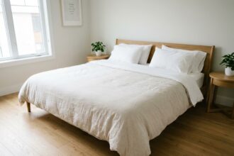 Grand lit 160x200 cm soigneusement fait dans une chambre de couple au style scandinave avec parquet en chêne et linge de lit blanc