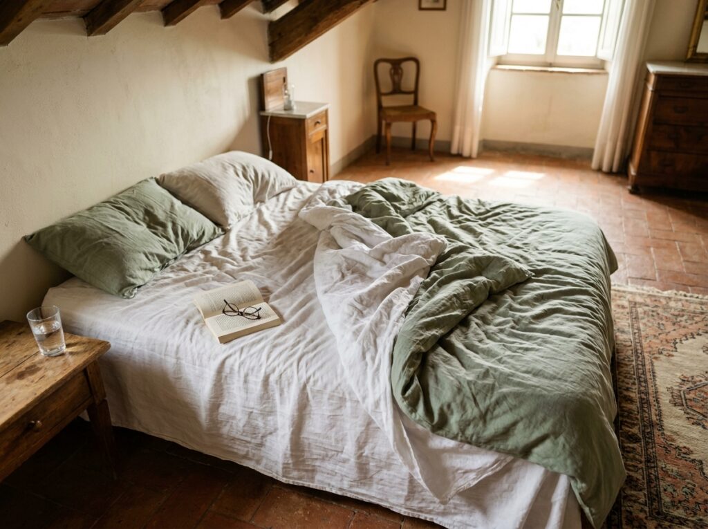 Lit 160x200 cm défait au réveil dans une chambre de couple au style campagne française avec poutres apparentes et carrelage tomette