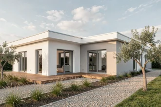 Maison plain pied en forme de L avec terrasse en bois et jardin paysagé, vue extérieure grand angle