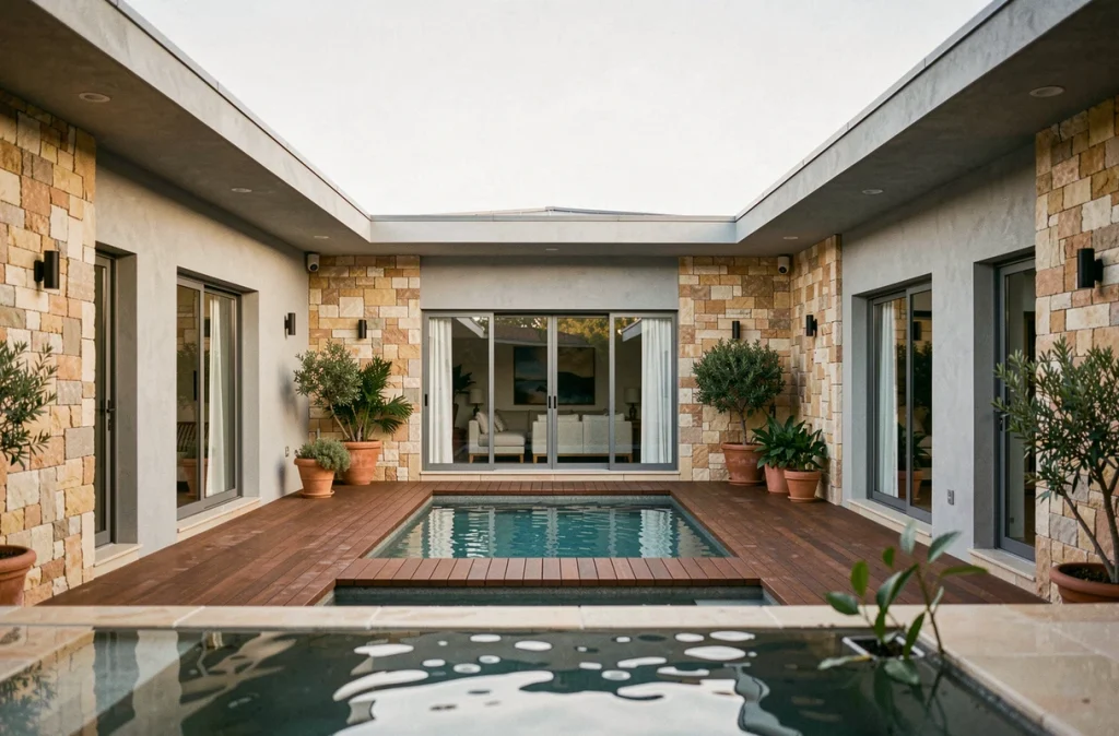 Maison plain pied en U avec piscine et cour intérieure paysagée, vue depuis la cour centrale