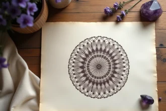 Mandala fleur de vie imprimé sur papier texturé posé sur une table en bois avec cristal d'améthyste et lavande séchée