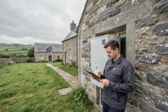 Installateur de pompe à chaleur devant une maison bretonne en pierre dans le Morbihan