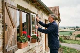 Poseur de fenêtres professionnel mesurant un châssis en double vitrage sur une maison en pierre de l'Oise