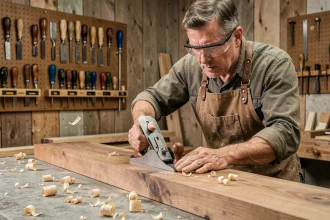 Menuisier expérimenté utilisant un rabot à main sur une planche en bois dur dans un atelier artisanal authentique