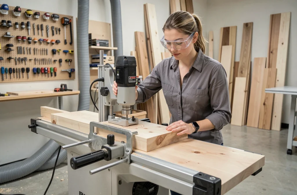 Menuisière professionnelle utilisant une défonceuse sur table pour réaliser un assemblage précis en érable dans un atelier moderne