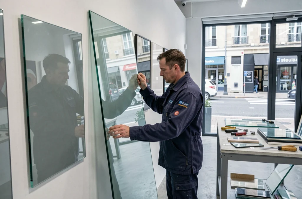Vitrier professionnel installant un panneau de verre dans le showroom de la Miroiterie du Beauvaisis à Beauvais