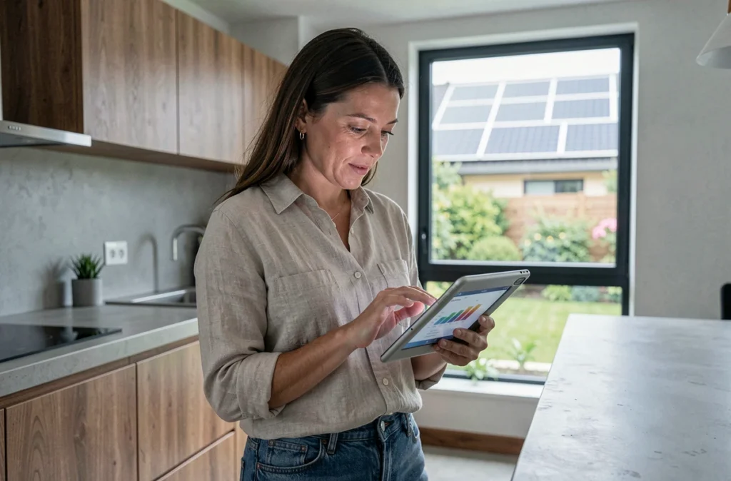 Femme consultant un tableau de bord de monitoring énergétique solaire dans une cuisine moderne