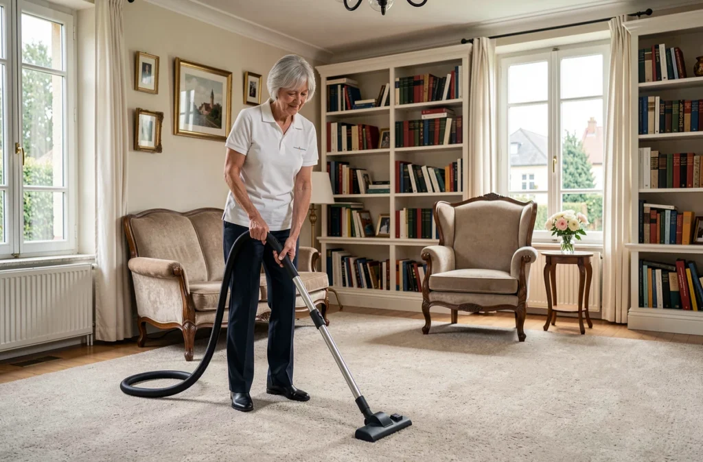 Dame de compagnie effectuant le nettoyage au aspirateur dans un salon de maison pavillonnaire près de Laon
