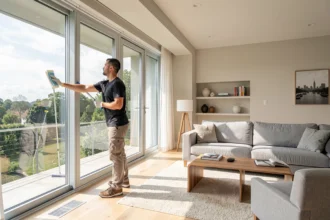 Nettoyeur professionnel lavant une grande vitre dans un salon lumineux