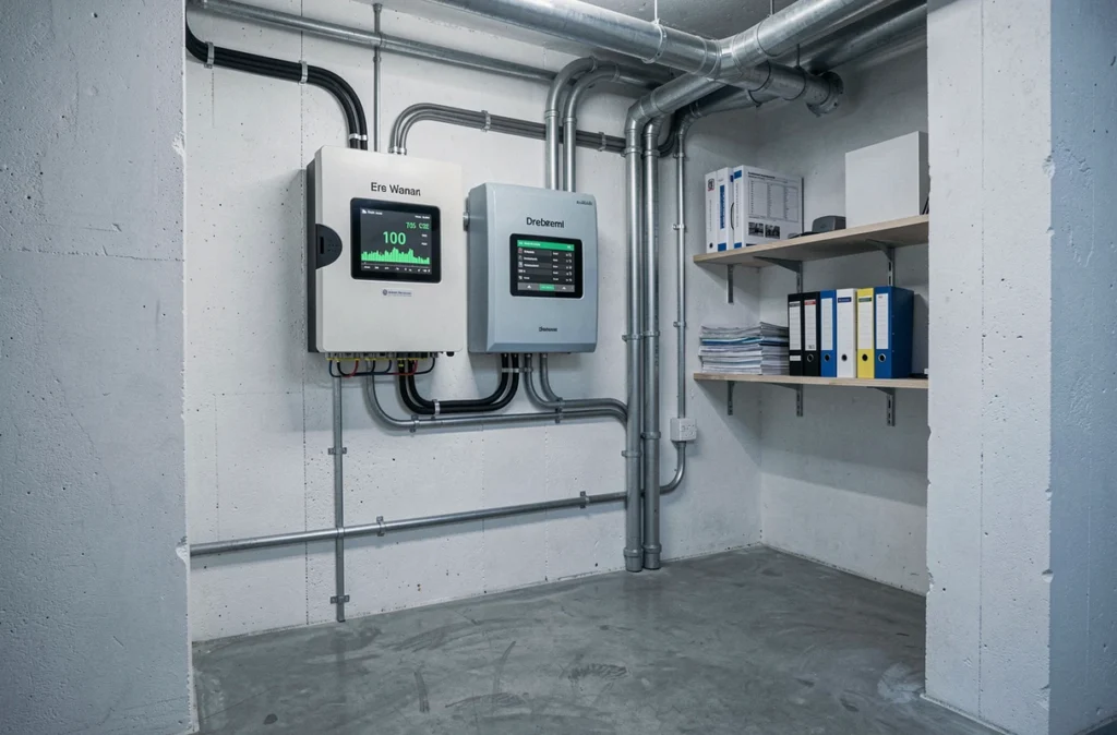 Onduleur triphasé et système de stockage d'un kit solaire autoconsommation 9000 W dans une salle technique résidentielle