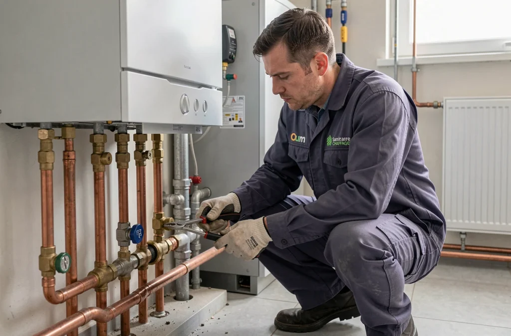Technicien Oum Sanitaire Chauffage installant une chaudière et un système de chauffage dans une chaufferie résidentielle