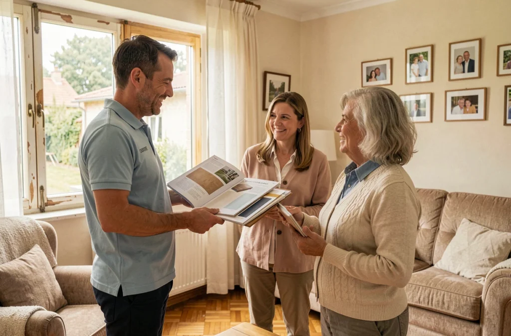 Conseiller d'Ouverture Habitat présentant des échantillons de menuiseries à un couple dans leur salon de l'Oise