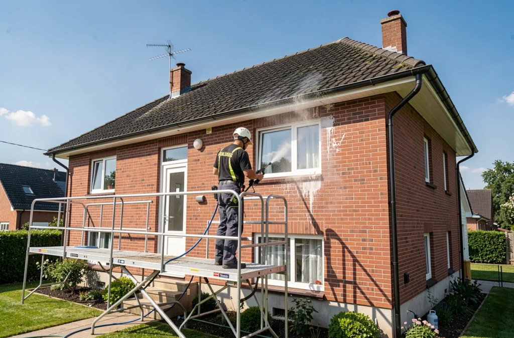 Ouvrier nettoyant la façade d'une maison à la haute pression