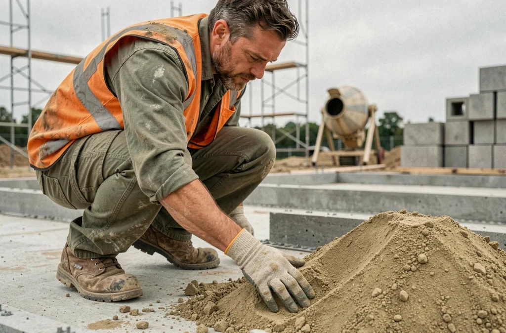 Ouvrier du bâtiment testant la texture d'un tas de sable de construction sur un chantier