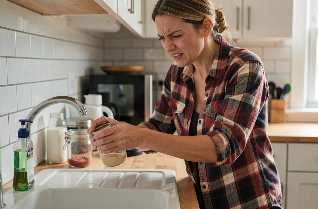 Femme essayant d'ouvrir un couvercle de bocal récalcitrant dans une cuisine moderne