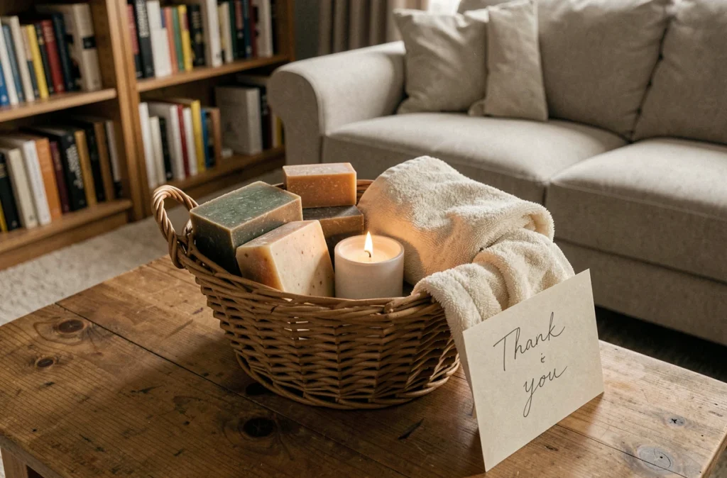 Panier cadeau composé de savons artisanaux, bougie et carte de remerciements pour une femme de ménage