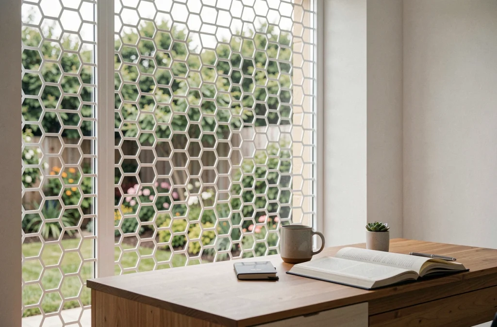 Panneau de sécurité fenêtre en acier découpé au laser motif hexagonal blanc dans un bureau contemporain avec vue jardin