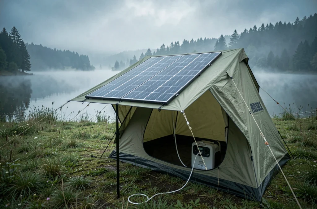 Panneau solaire flexible installé sur une tente de camping au bord d'un lac, relié à une station d'énergie portable