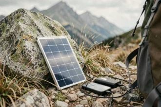 Petit panneau solaire portable posé contre un rocher en montagne, connecté à une batterie externe et un smartphone en randonnée