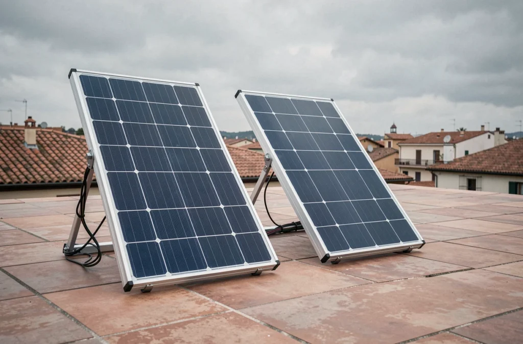 Deux panneaux solaires plug-and-play installés sur une terrasse en toiture avec câblage organisé et horizon urbain