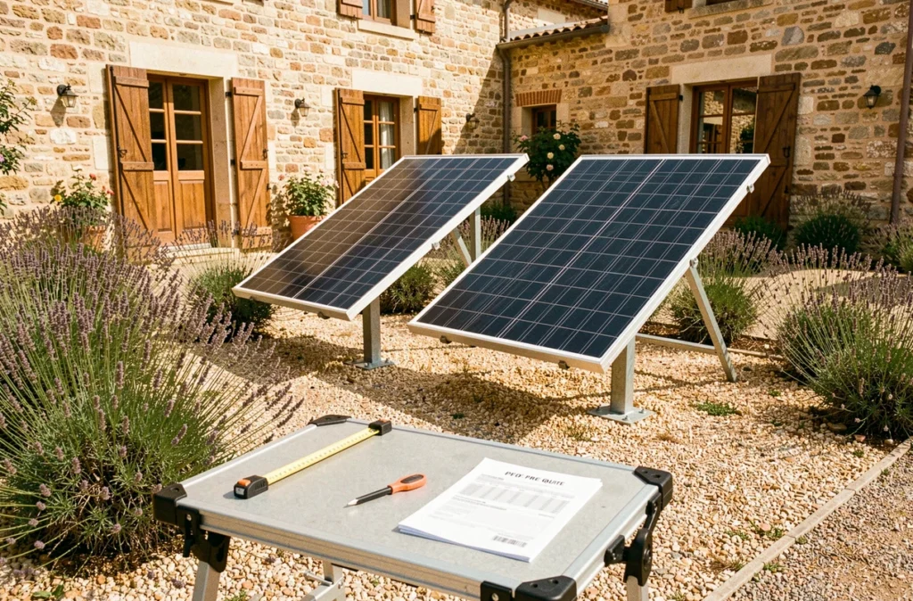 Panneaux solaires thermiques sur structure au sol dans un jardin provençal avec devis de prix