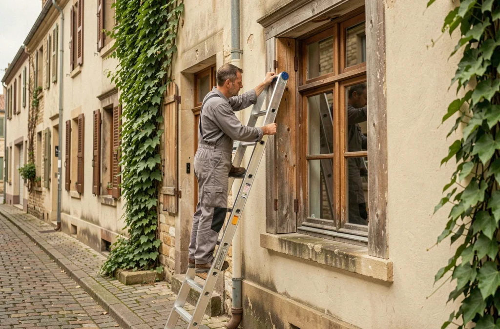 Duo père et fils de Pernin et Fils installant une fenêtre en bois sur une maison de village dans l'Oise