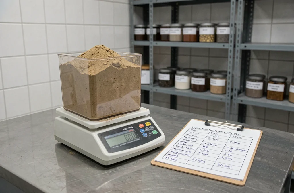 Balance de laboratoire pesant un volume normalisé de sable pour mesurer la masse au mètre cube