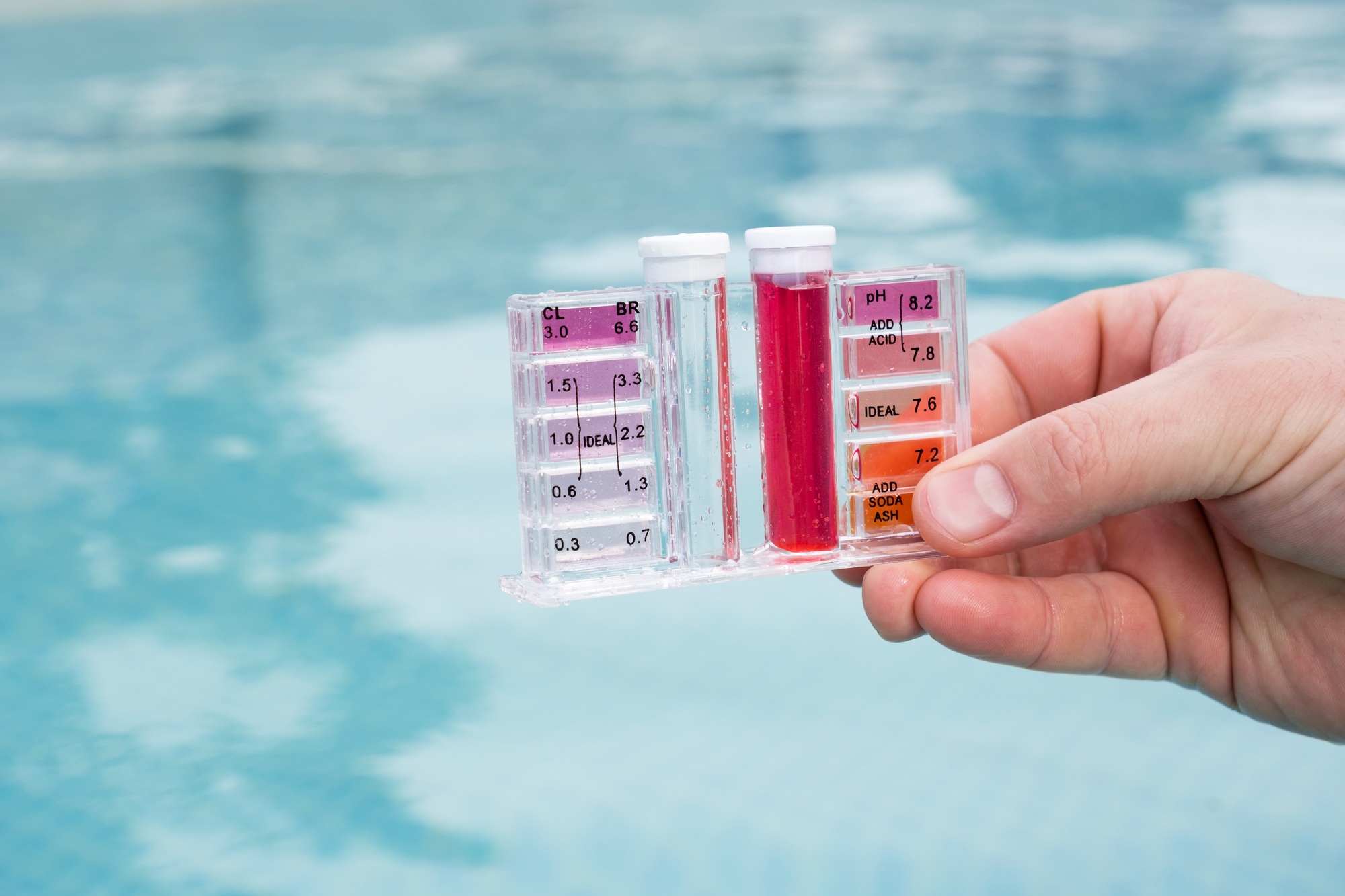 PH and chlorine analysis kit for swimming pools. Liquid chlorine and PH meter for swimming pools.