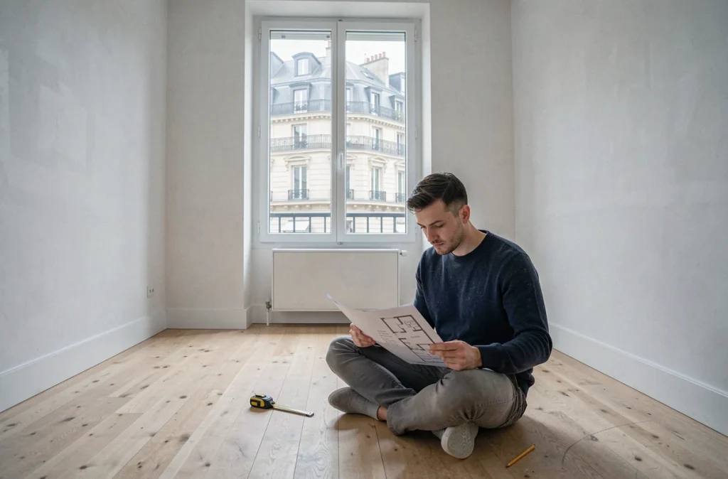 Homme assis sur le plancher d'une chambre vide consultant un plan d'appartement, fenêtre ouvrant sur une façade haussmannienne typique d'un quartier urbain