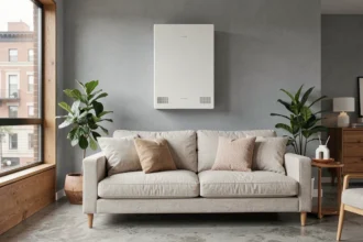 Pompe à chaleur air-air design blanc installée dans un salon moderne de style scandinave avec canapé en lin et plantes vertes