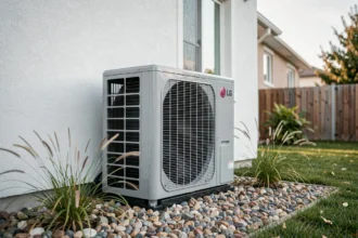 Pompe à chaleur LG installée en extérieur contre une maison résidentielle moderne