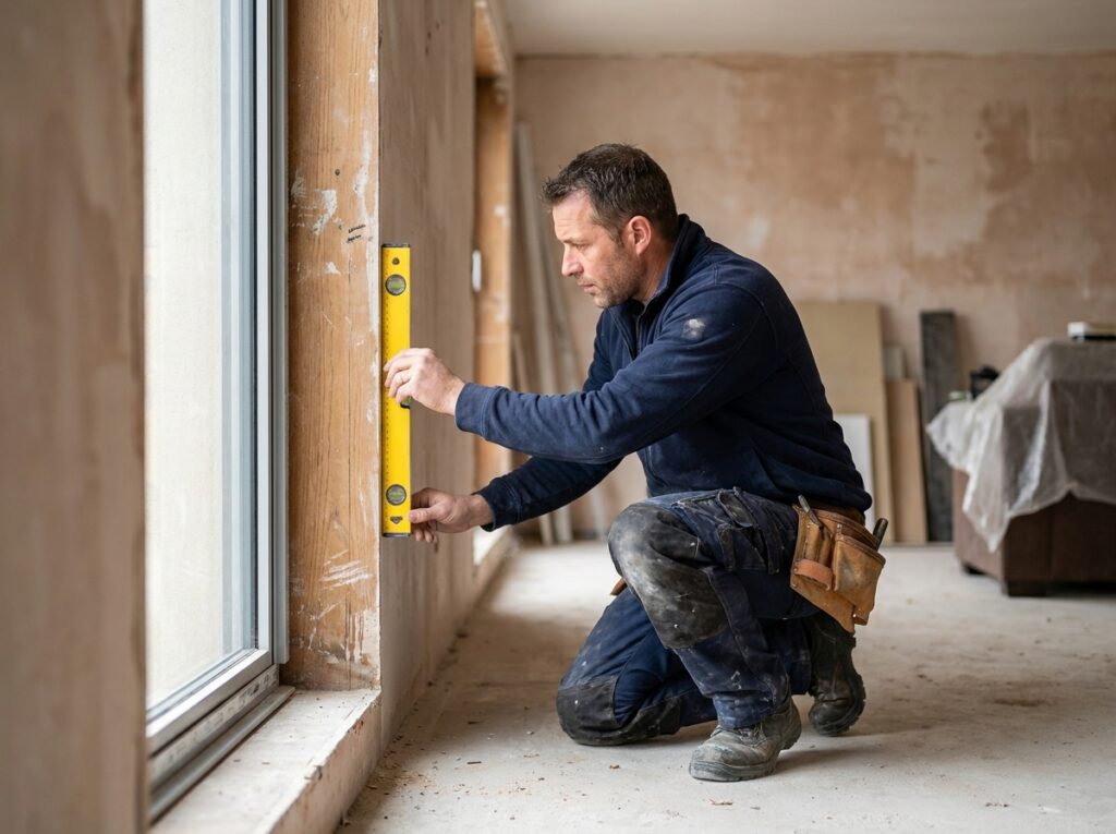 Artisan posant une fenêtre en aluminium lors d'une rénovation à Calais, travail de précision et installation professionnelle