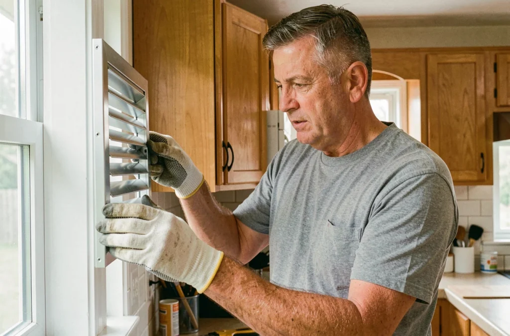 Homme installant une grille d'aération en aluminium sur une fenêtre de cuisine dans une maison individuelle