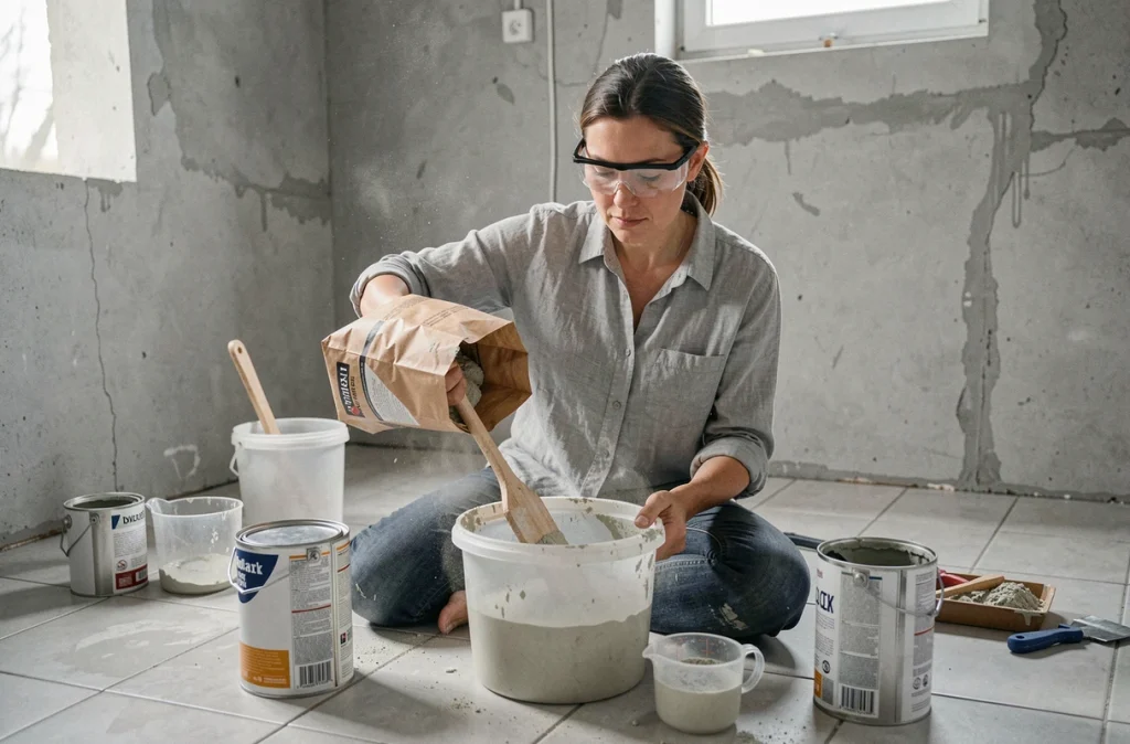 Femme préparant un mélange de joint à la chaux fait maison dans un seau lors d'une rénovation intérieure