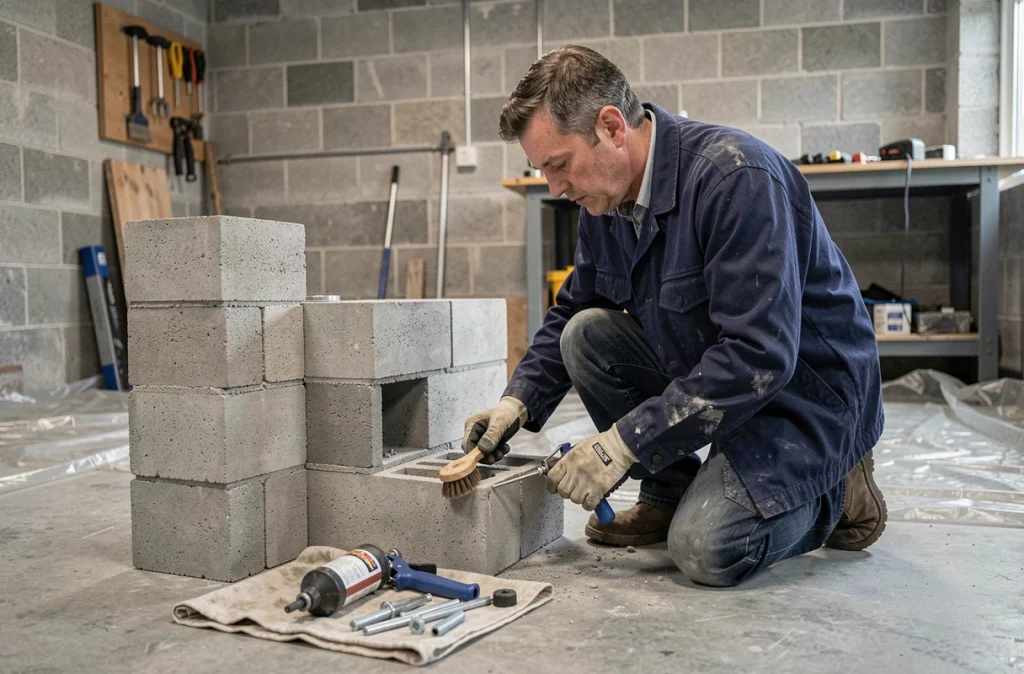Artisan préparant un parpaing creux avant pose de scellement chimique dans un garage