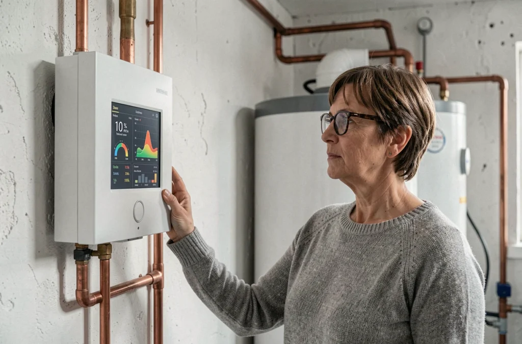 Propriétaire consultant l'écran de contrôle d'un chauffe-eau solaire dans une chaufferie