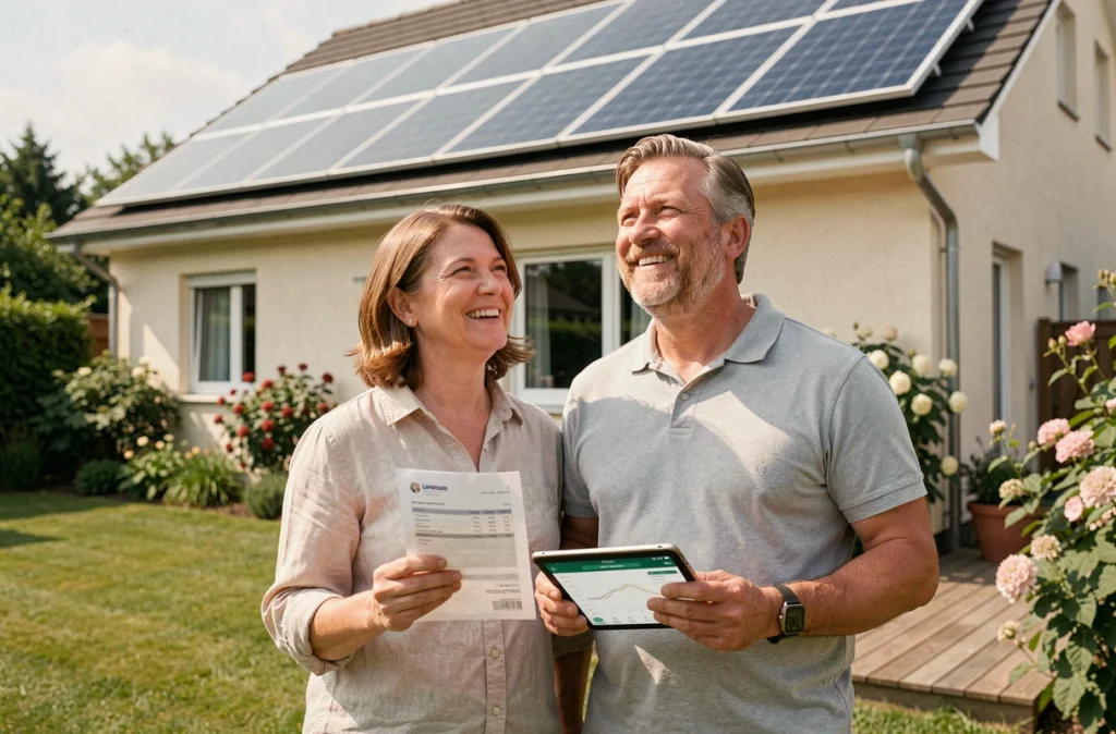 Couple de propriétaires satisfaits devant leur maison équipée d'un kit solaire autoconsommation triphasé 9000 W