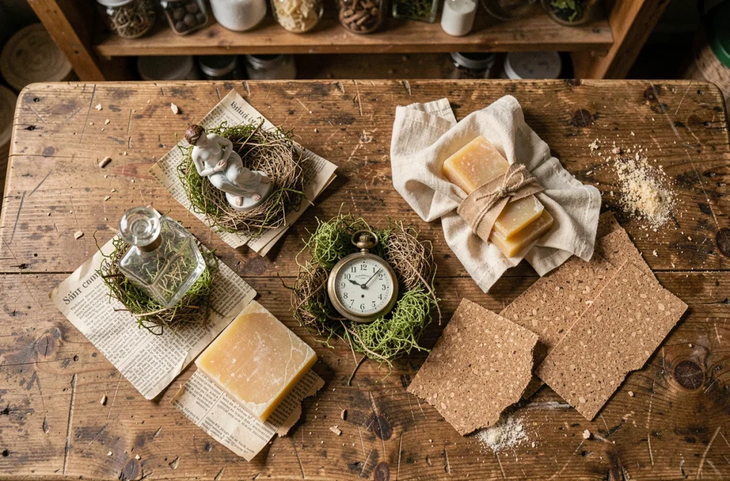 Vue du dessus d'objets fragiles protégés avec des matériaux alternatifs naturels comme la mousse, le liège et le tissu de cire d'abeille