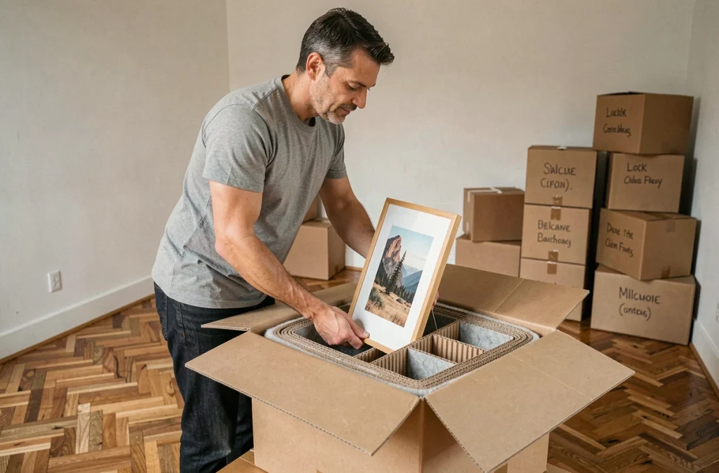 Homme protégeant un tableau dans un carton avec du feutre de laine recyclé et des séparateurs en carton ondulé