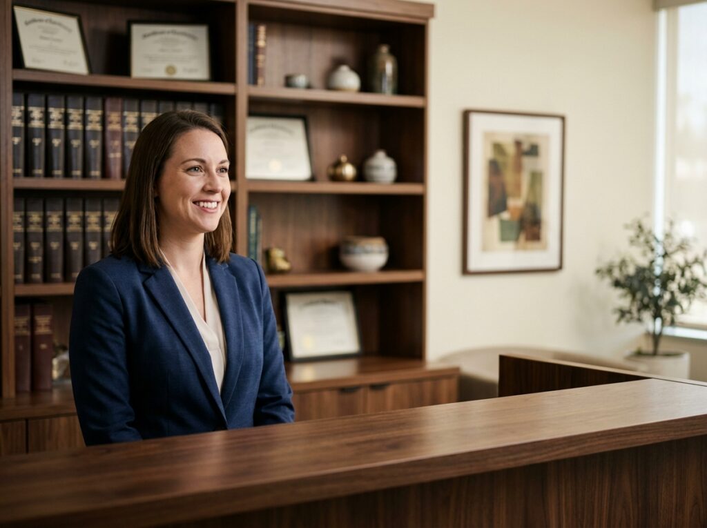 Réceptionniste professionnelle souriante derrière un bureau en bois dans un cabinet de conseil élégant