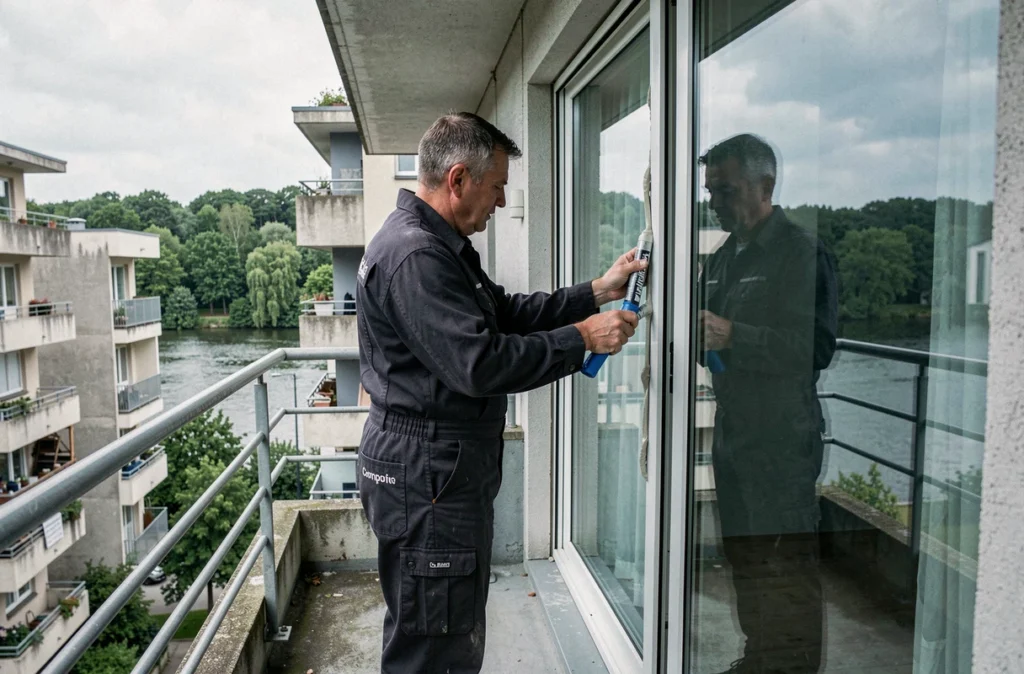 Spécialiste de Référence Fermetures APM en train de jointurer une porte coulissante vitrée sur un balcon à Compiègne