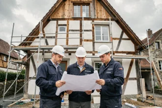 Équipe de rénovation professionnelle devant une maison alsacienne à colombages en cours de rénovation dans le Bas-Rhin